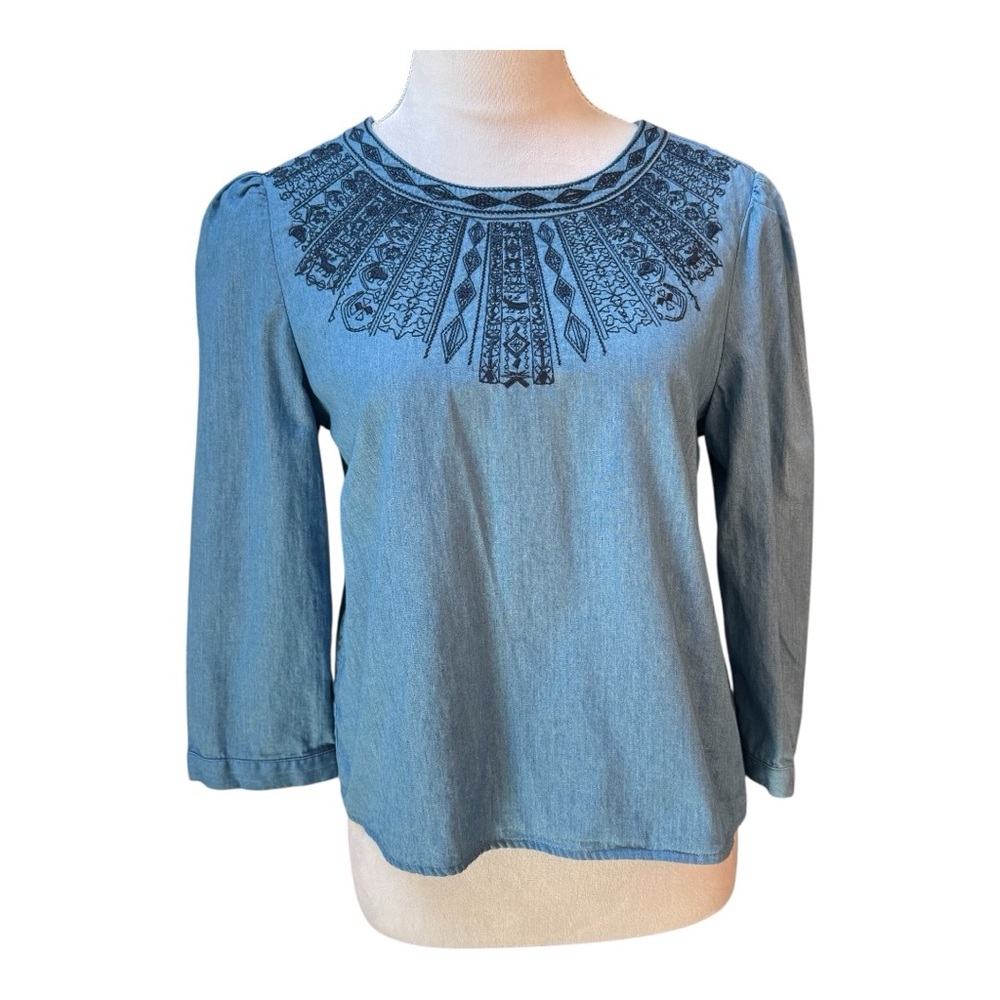 Sacred Threads Blue‎ Denim Embroidered Boho Peasant Blouse Top S/M